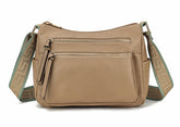 AOSSTA Cross Body Bag Women Leather Shoulder Bags Multi Zip Pocket With Wide Canvas Strap (Khaki)